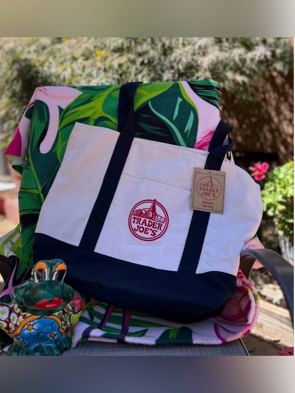 Trader Joe's Large Cotton Canvas Tote Navy Reusable Market Bag Pockets NWT